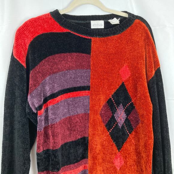 VTG 90s Womens M FLAW Orange Black Geometric Argyle Sweater Cozy Abstract Funky - Picture 3 of 12
